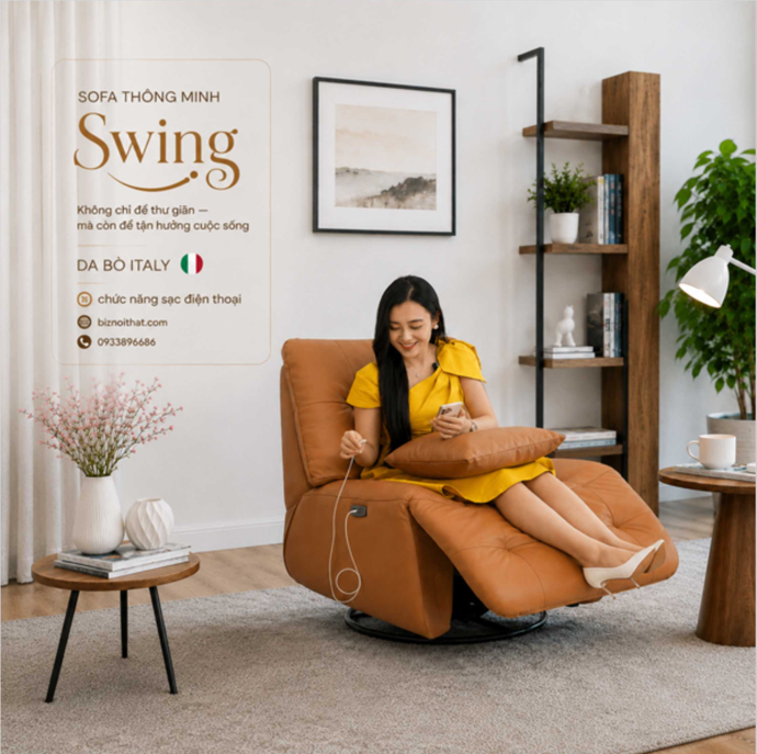 Ghế Sofa lắc lư chỉnh điện thông minh da bò Italia nhập khẩu Swing - Mẫu 1